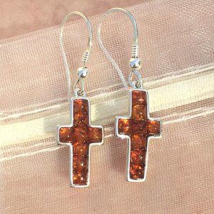 Baltic Amber .925 Cross Earrings Dangles Sterling Silver Genuine Gemstones